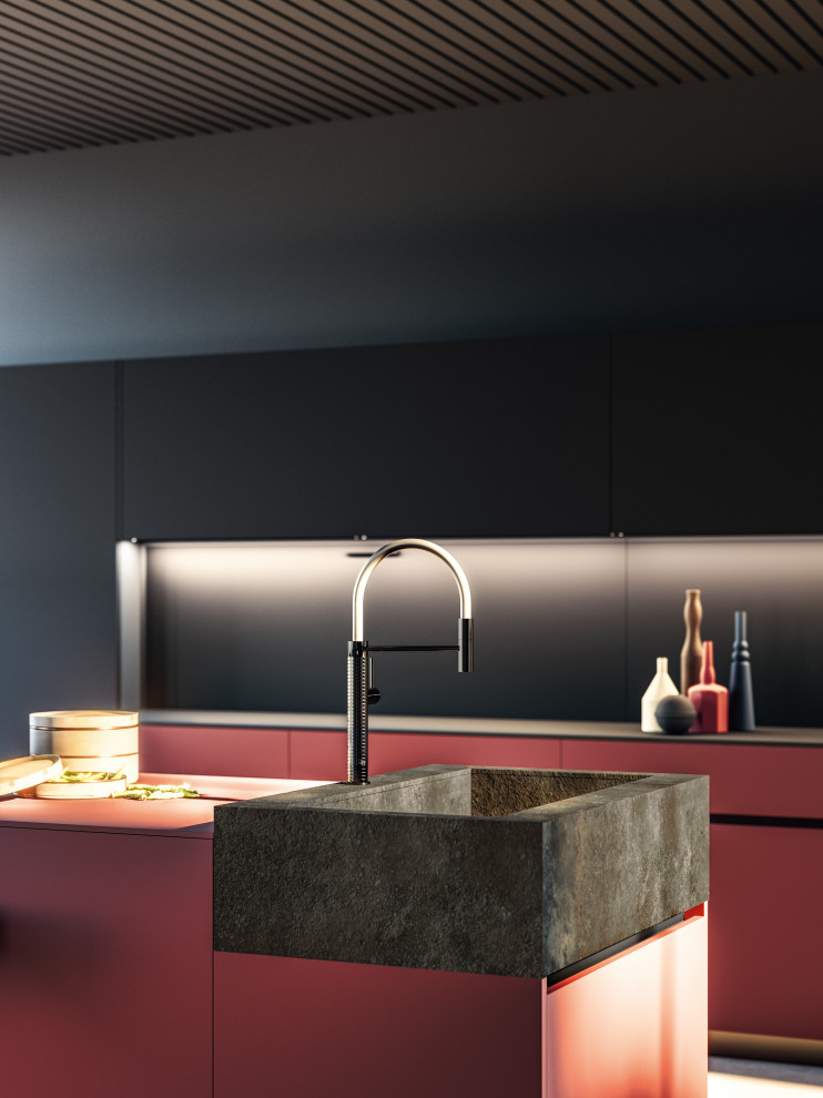 Moderne Wohnküche mit integriertem Waschbecken, flächenbündigen Schrankfronten, roten Schränken, Elektrogeräten mit Frontblende, Kücheninsel und roter Arbeitsplatte in Barcelona