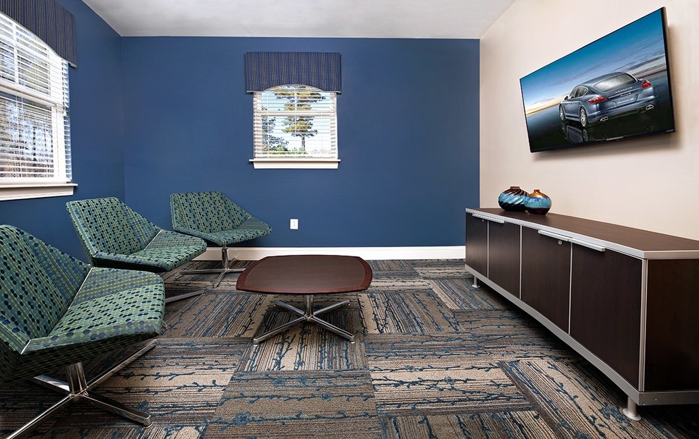 Inspiration for a small transitional enclosed home theatre in Raleigh with blue walls, carpet and a wall-mounted tv.
