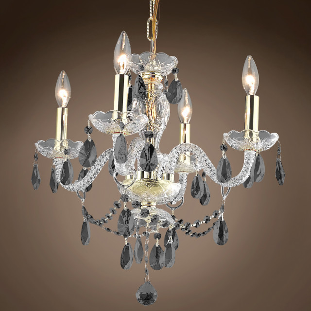 Victorian Design 4 Lt 17" Gold Chandelier With Smoke Crystals & Led Bulb