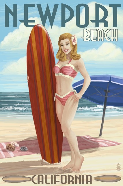 Newport Beach California Pinup Surfer Girl Print Beach Style