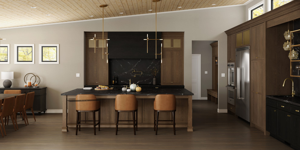 Example of a mid-sized minimalist l-shaped medium tone wood floor, brown floor and vaulted ceiling open concept kitchen design in Chicago with an undermount sink, shaker cabinets, medium tone wood cabinets, quartz countertops, black backsplash, quartz backsplash, stainless steel appliances, an island and black countertops