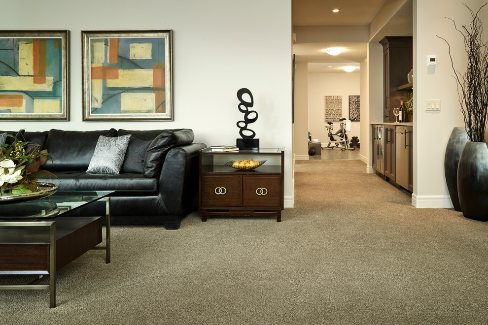 Inspiration for a transitional walk-out carpeted basement remodel in Calgary with beige walls