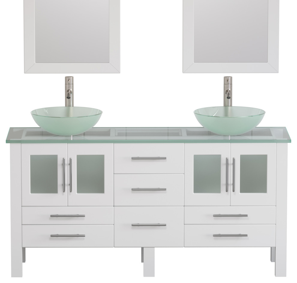 Shannon 63" White Tempered Glass Double Vanity Set, Brushed Nickel Faucets