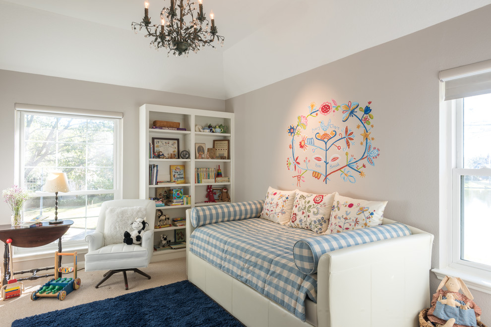Large transitional gender-neutral kids' bedroom in Houston with brown walls and carpet for kids 4-10 years old.