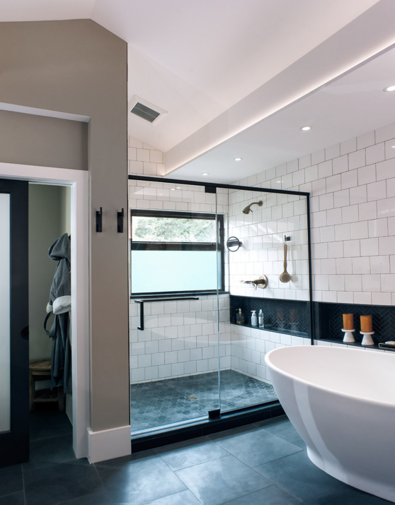 Contemporary master bathroom in Richmond with light wood cabinets, a double shower, black and white tile, beige walls, an undermount sink, granite benchtops, grey floor, black benchtops, an enclosed toilet, a double vanity, a floating vanity and vaulted.