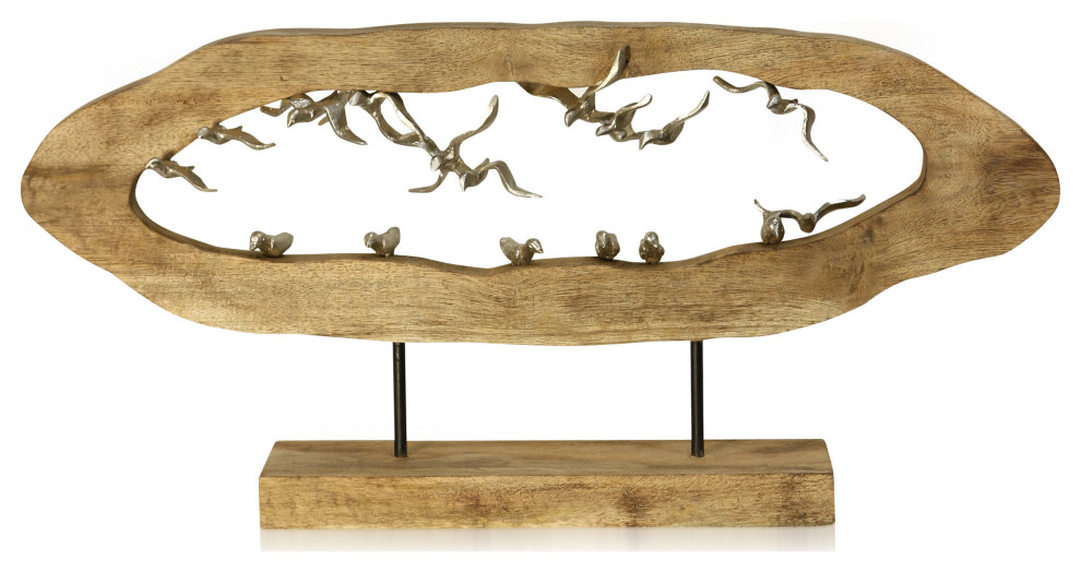 Gull Crevasse, Carved Wood Table Top Decor With Pewter Painted Flock of