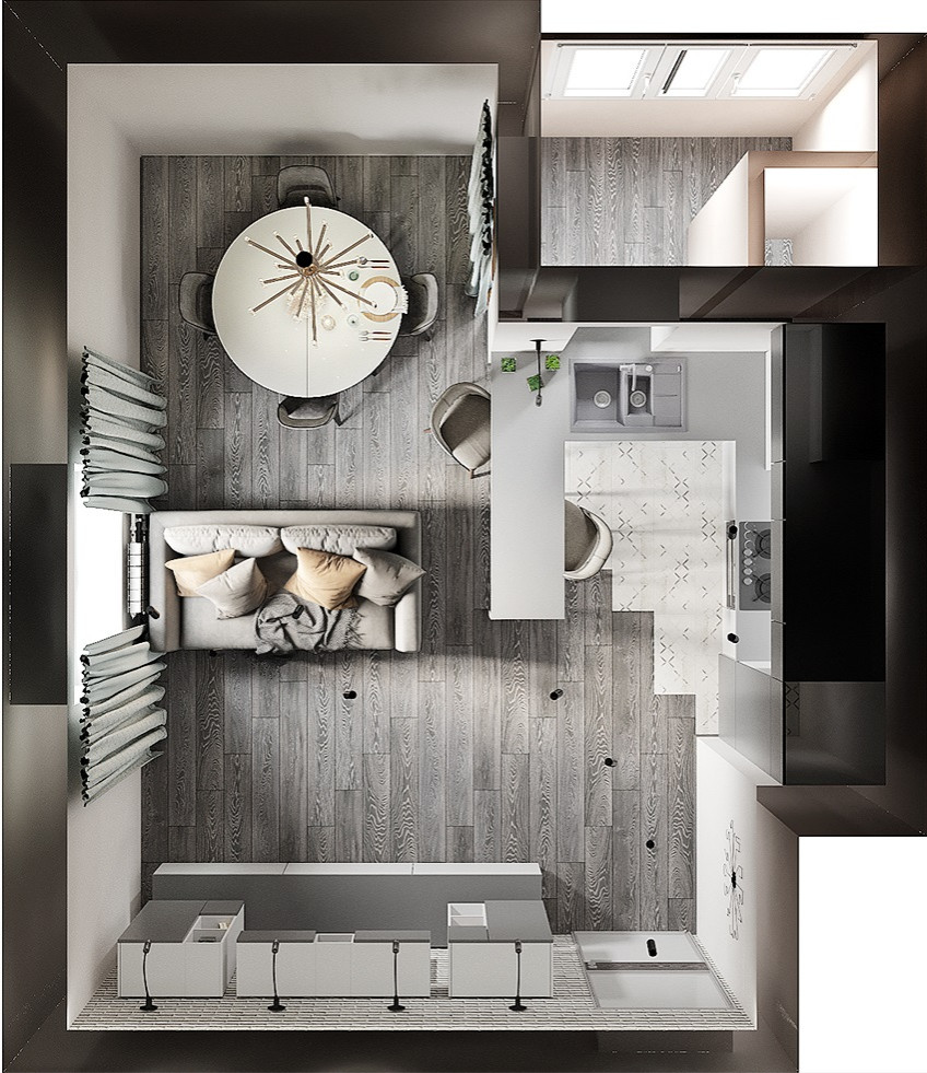 Кухня-гостиная. Вариант в холодных тонах.