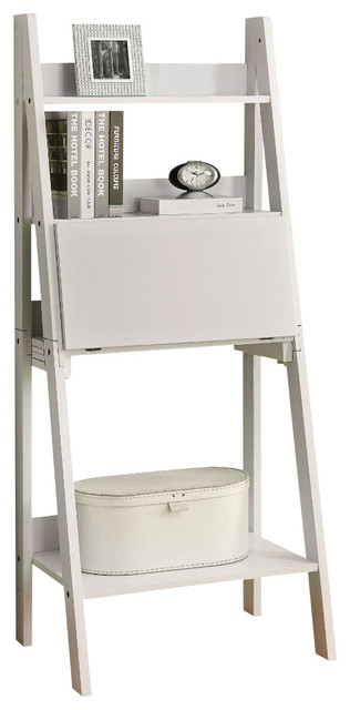 White 61in.H Ladder Bookcase with A Drop - Down Desk