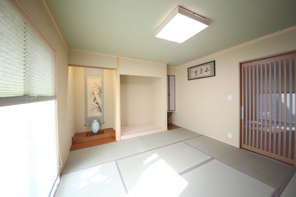 This is an example of an asian family room in Other with tatami floors and green floor.