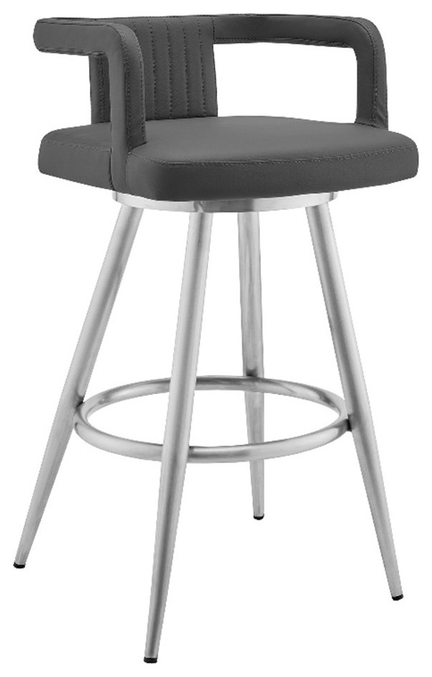 'HomeRoots '37" Gray Faux Leather And Iron Swivel Low Back Bar Height Chair Bar Stools And