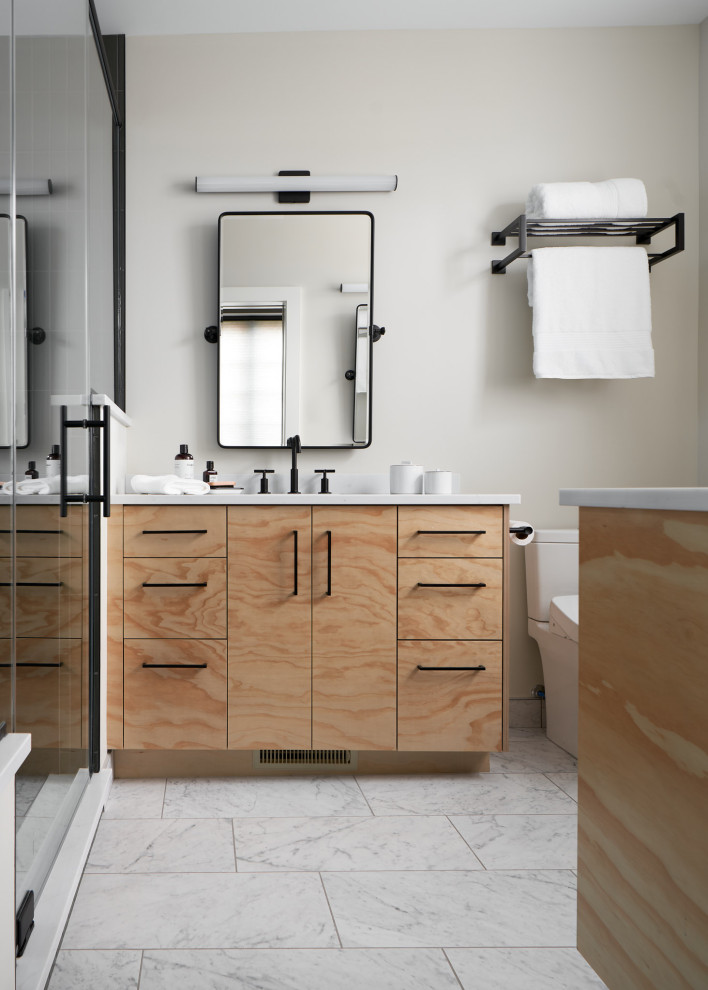 This is an example of an industrial master bathroom in Other with flat-panel cabinets, light wood cabinets, a double shower, a bidet, green tile, ceramic tile, grey walls, porcelain floors, an undermount sink, engineered quartz benchtops, white floor, a hinged shower door, white benchtops, a shower seat, a single vanity and a built-in vanity.