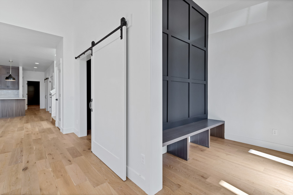 Inspiration for a small contemporary foyer in Other with white walls, light hardwood floors, a medium wood front door, brown floor and panelled walls.