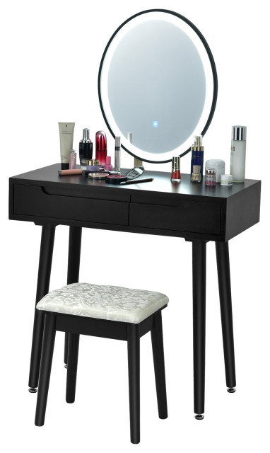 Modern Vanity Set, 3 Color Touch Screen Dimmable Mirror & Storage Drawers, Black
