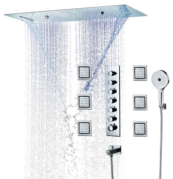 LED Rainfall Shower System With Hand Shower, Style C - Touch Panel Light