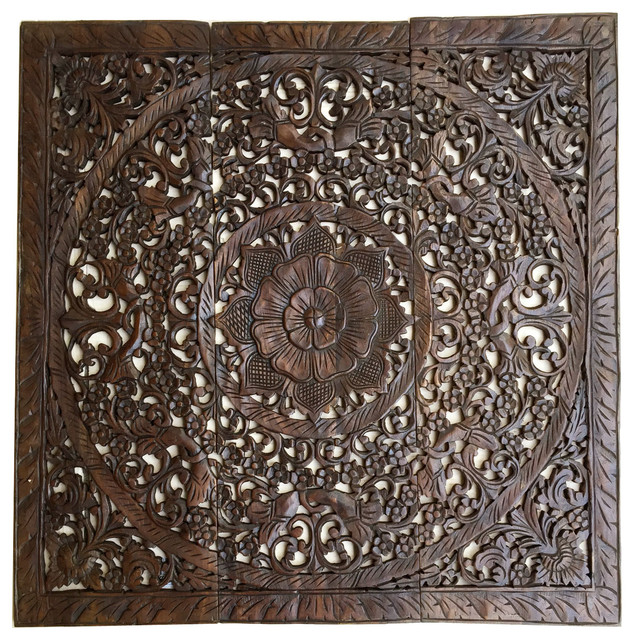 Elegant Wood Carved Wall Panels, 36", Set of 3 - Asian - Wall Accents - by  Asiana Home Decor | Houzz