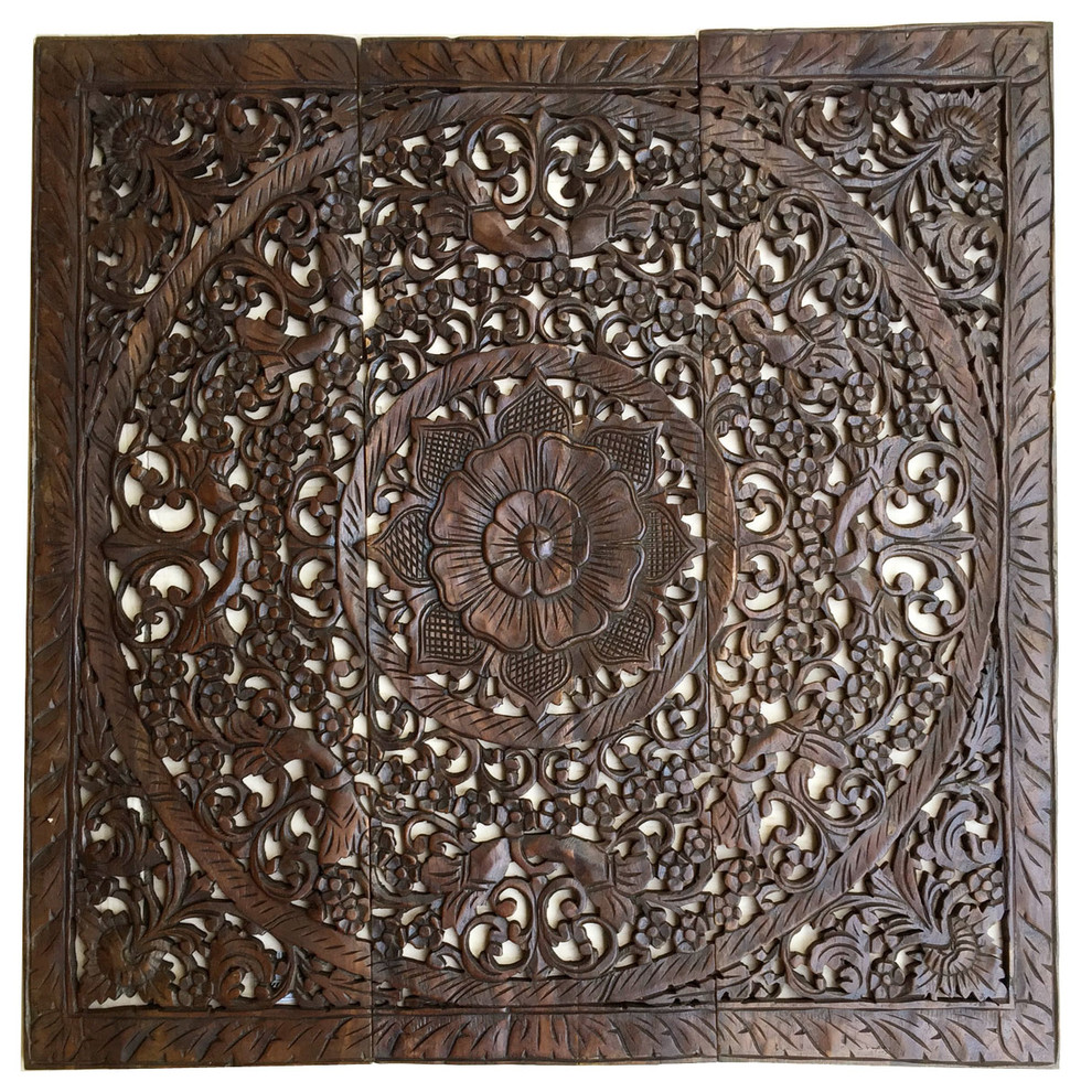 Elegant Wood Carved Wall Panels, 36", Set of 3 - Asian - Wall Panels