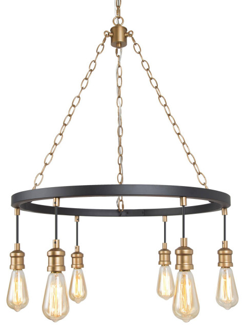 View of LNC 6-Light Metal Industrial Ring Chandelier, Matte Black, Exposed ...