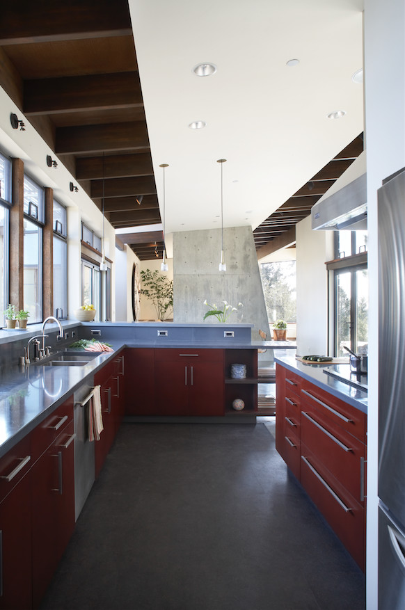 Photo of a mid-sized contemporary galley separate kitchen in San Francisco with a double-bowl sink, red cabinets, stainless steel appliances, no island, concrete benchtops, flat-panel cabinets, concrete floors and black floor.