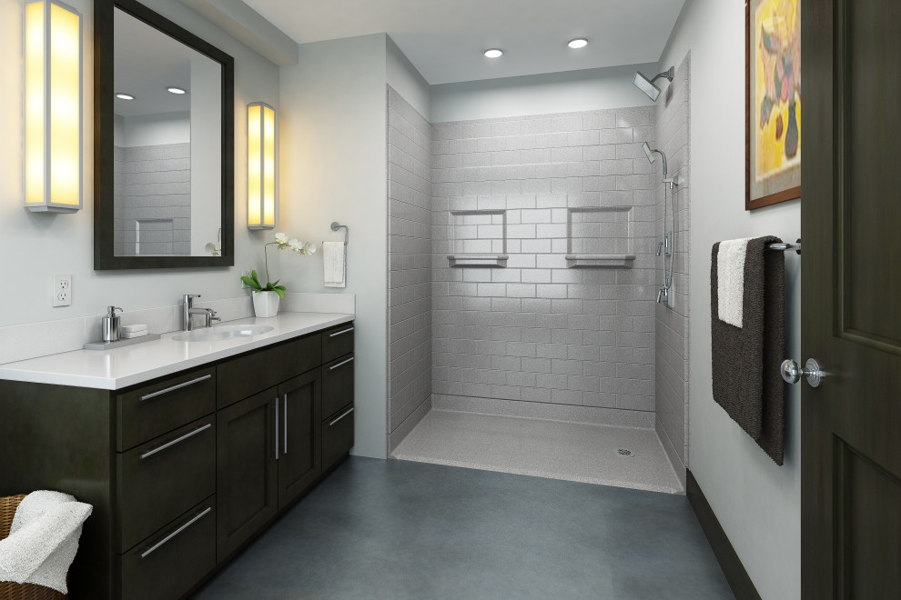 Design ideas for a mid-sized traditional master bathroom in Boston with raised-panel cabinets, dark wood cabinets, an alcove shower, grey walls, concrete floors, a console sink, wood benchtops, grey floor, an open shower and white benchtops.