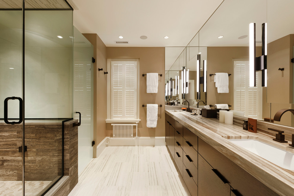 Contemporary bathroom in DC Metro with a hinged shower door.