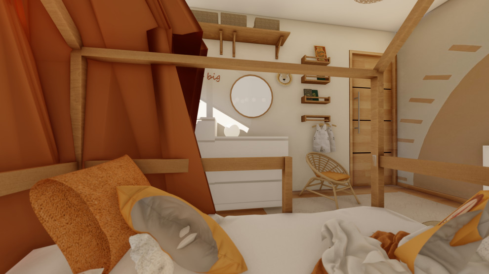 Cette image montre une petite chambre d'enfant de 1 à 3 ans méditerranéenne avec un mur beige et un sol en bois brun.