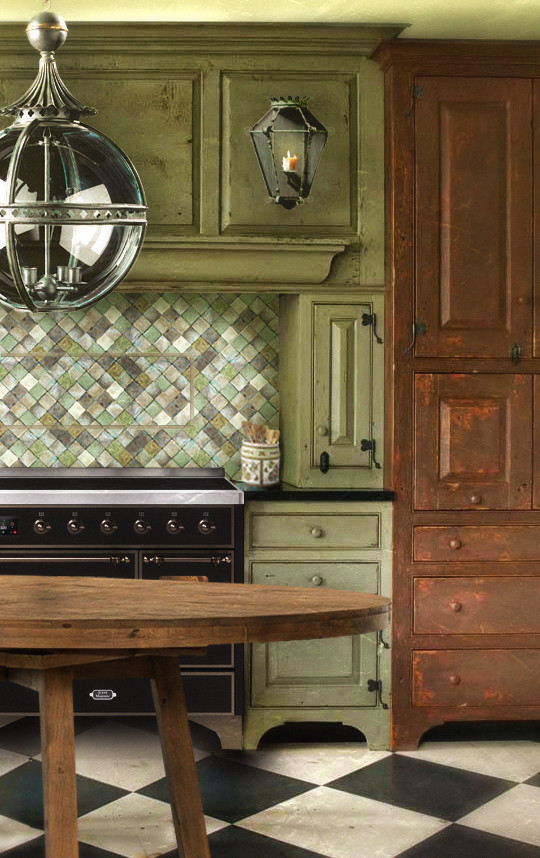 Idéer för ett mellanstort rustikt svart linjärt kök och matrum, med en rustik diskho, luckor med upphöjd panel, skåp i slitet trä, granitbänkskiva, grönt stänkskydd, stänkskydd i terrakottakakel, svarta vitvaror, betonggolv och vitt golv