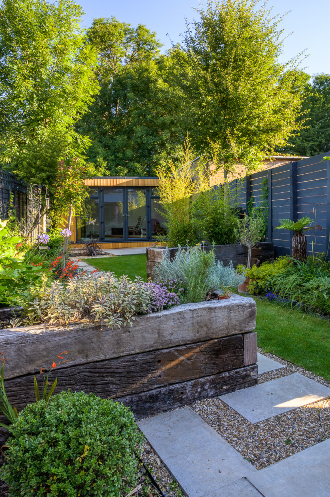 Ispirazione per un piccolo giardino moderno esposto a mezz'ombra dietro casa con recinzione in legno
