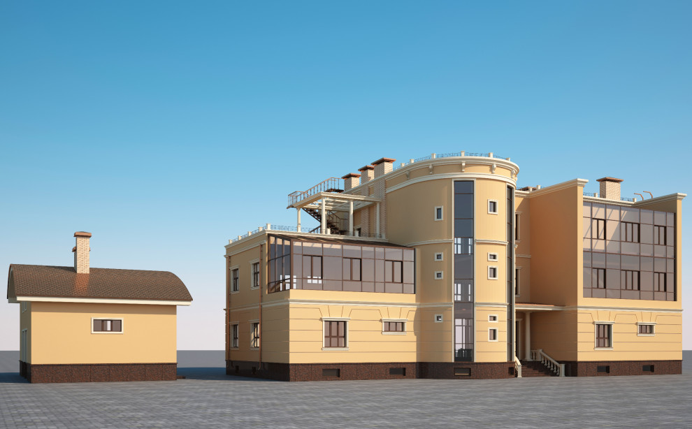 Архитектурный проект коттеджа 1000 кв.мФасады загородного дома выполнены в совре