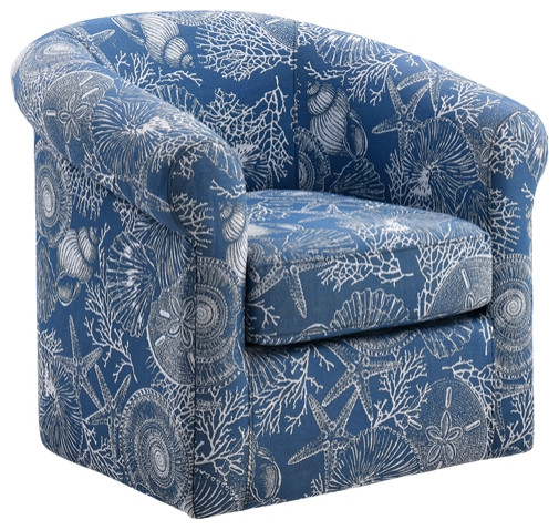 Linon Rhea Fully Upholstered Coastal Swivel Club Chair in Blue Seashell Pattern