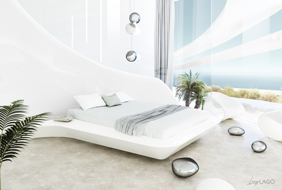 Ejemplo de dormitorio principal moderno grande con paredes blancas y suelo de cemento