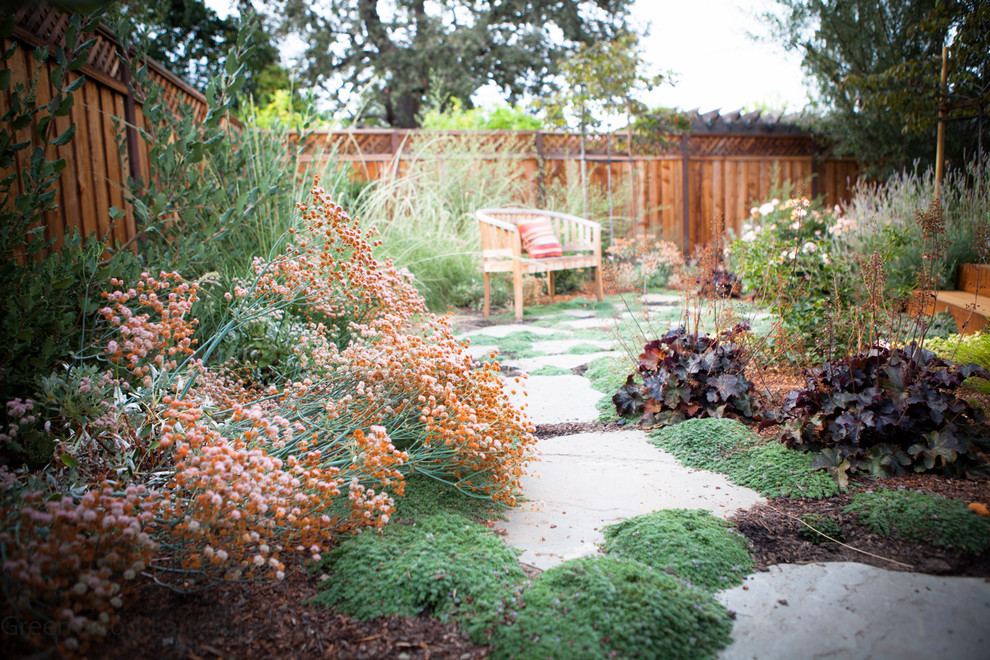 Design ideas for a small eclectic front yard partial sun formal garden in San Francisco with natural stone pavers.