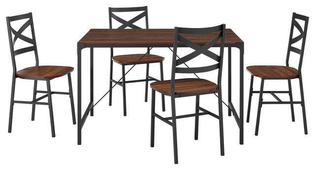 5-Piece Rustic Angle Iron Dining Set, Dark Walnut - Industrial - Dining ...