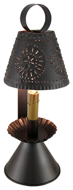 Smokey Black Finish Colonial Style Punched Tin Accent Lamp