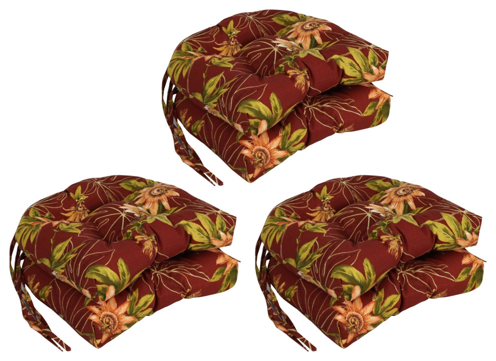 16" Patterned Outdoor UShaped Tufted Chair Cushions, Set of 6, Passion