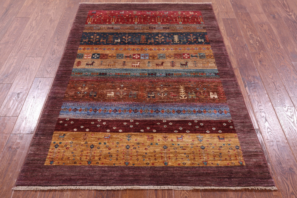 Hand Knotted Persian Gabbeh Tribal Wool Rug 4' 0" X 5' 10" - Q18354