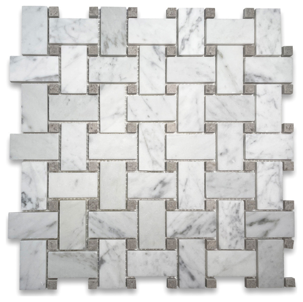 Carrara White Marble 1x2 Basketweave Mosaic Tile Gray Dots Honed, 1 sheet