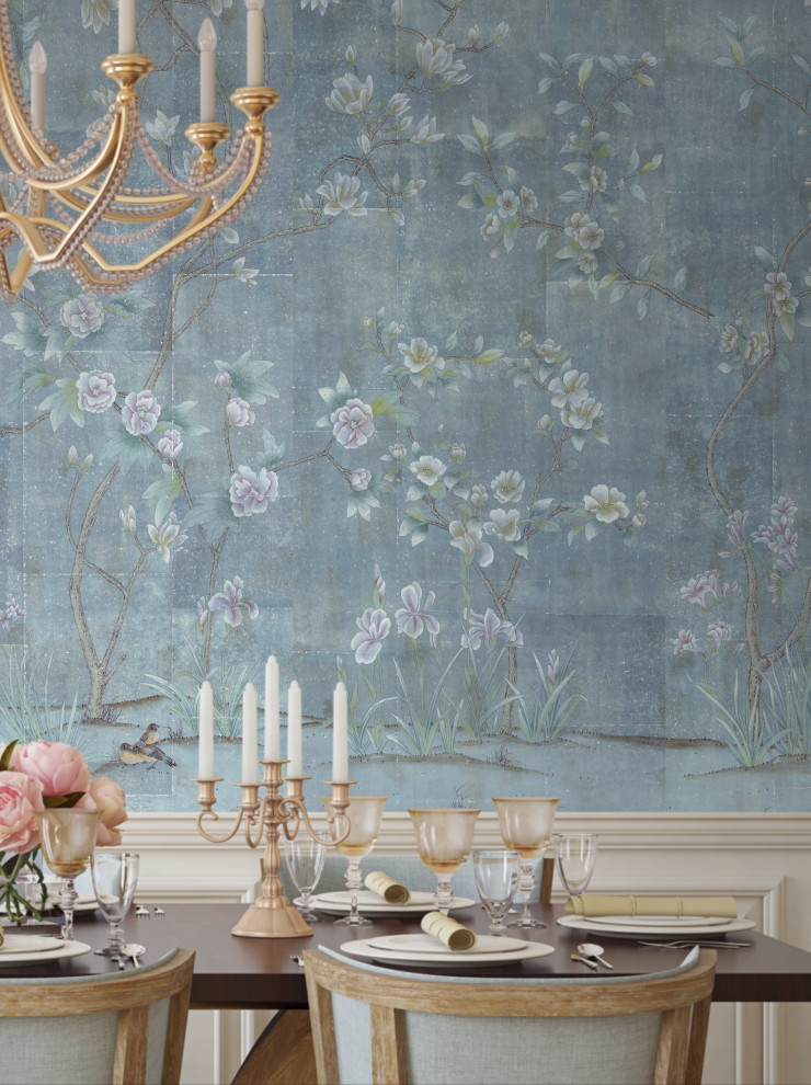 Chanteur Antiqued Chinoiserie Mural - Design: "Chanteur Antiqued". Installed above a chair rail in this traditional dining room.
