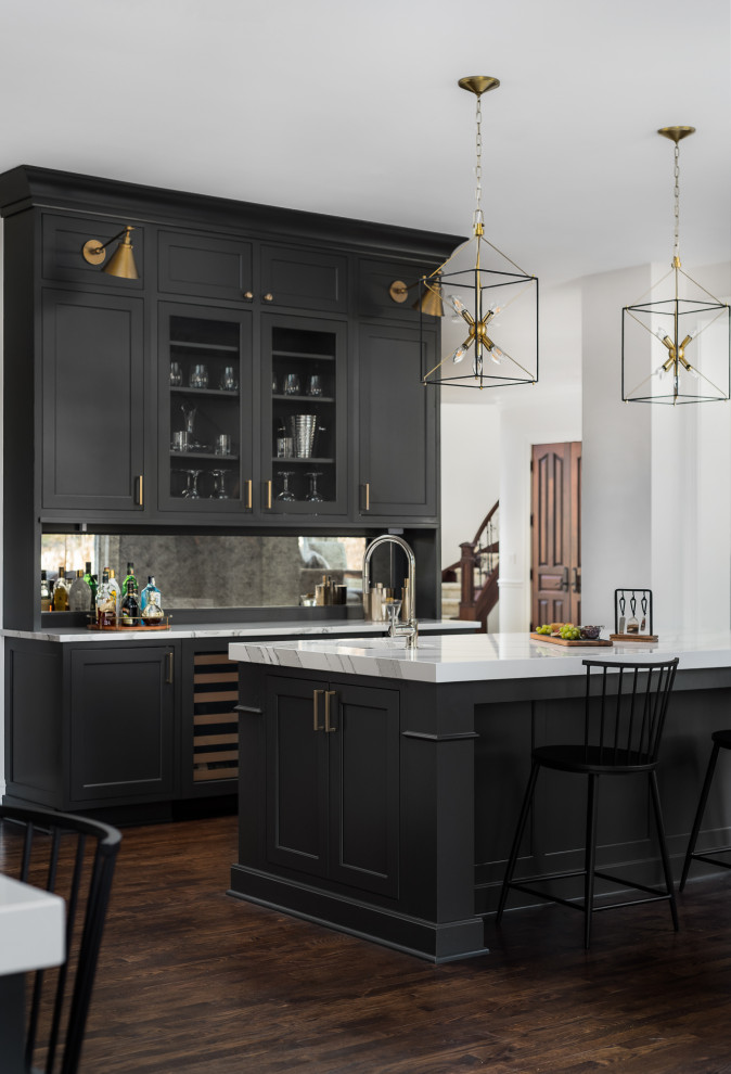 Inspiration for a large transitional l-shaped open plan kitchen in Chicago with an undermount sink, flat-panel cabinets, white cabinets, quartz benchtops, grey splashback, engineered quartz splashback, panelled appliances, dark hardwood floors, multiple islands, brown floor and multi-coloured benchtop.