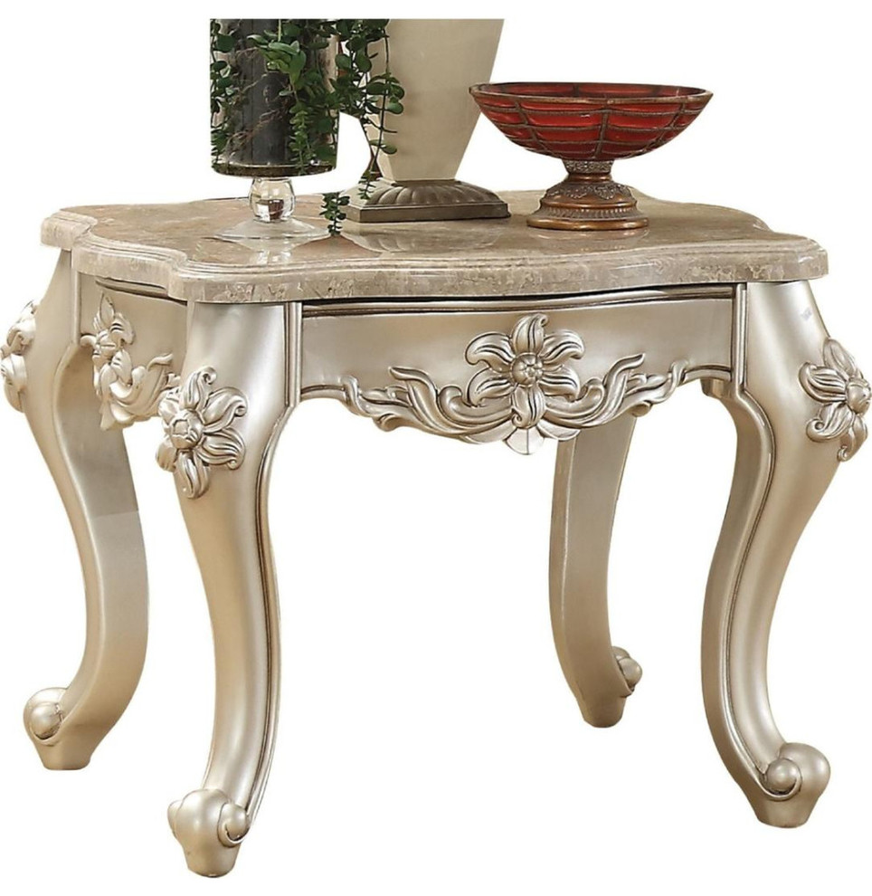 Marble Top End Table With Flower Motif Engraved Angular Wood Feet Silver Victorian Side Tables And End Tables By Virventures