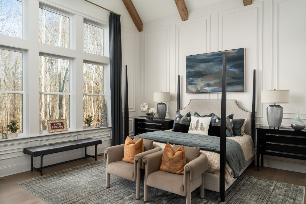 Design ideas for a transitional bedroom in Nashville with white walls, dark hardwood floors, brown floor, exposed beam, vaulted and panelled walls.