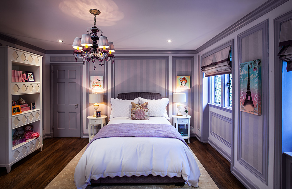 Design ideas for a transitional kids' room in New York with purple walls.