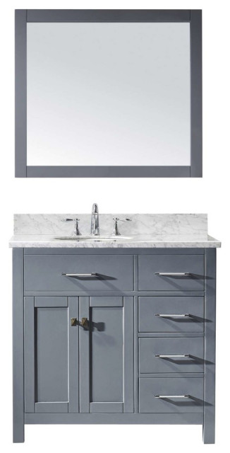 Caroline Parkway 36" Single Vanity in Gray with Marble Top, Round Sink, Mirror
