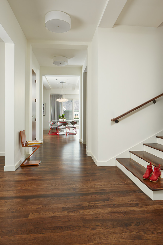 Design ideas for a transitional entryway in Minneapolis with white walls and dark hardwood floors.