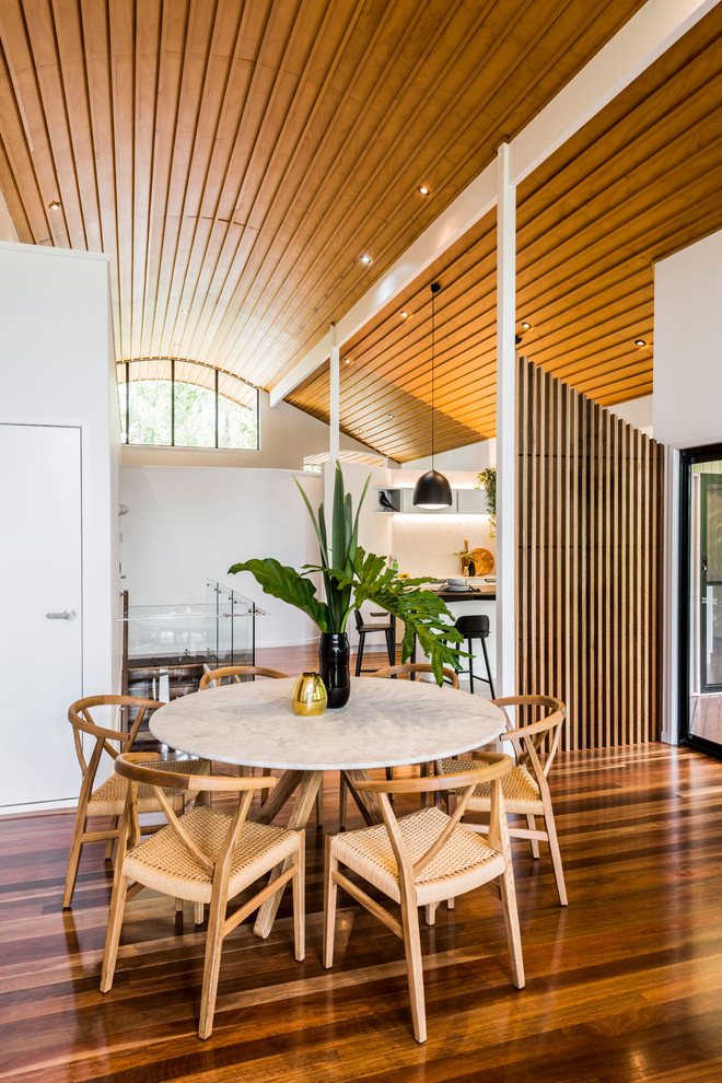 Design ideas for a contemporary dining room in Brisbane with white walls, medium hardwood floors and brown floor.