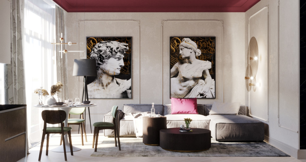 Смелая кухня-гостиная в стиле неоклассика