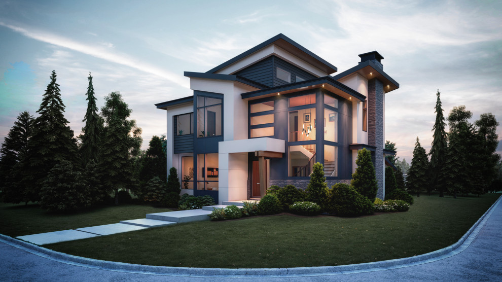 Cette image montre une grande façade de maison blanche minimaliste en planches et couvre-joints à deux étages et plus avec un revêtement mixte, un toit plat, un toit mixte et un toit noir.
