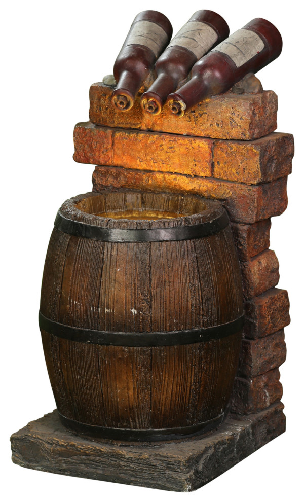 Resin Wine Bottle and Barrel Outdoor Fountain with LED Lights Rustic