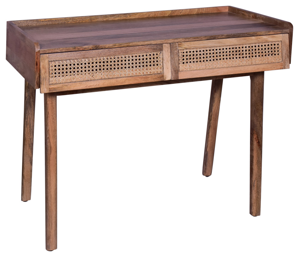 Benzara UPT263594 Mango Wood Farmhouse Writing Desk, 2 Front Drawers