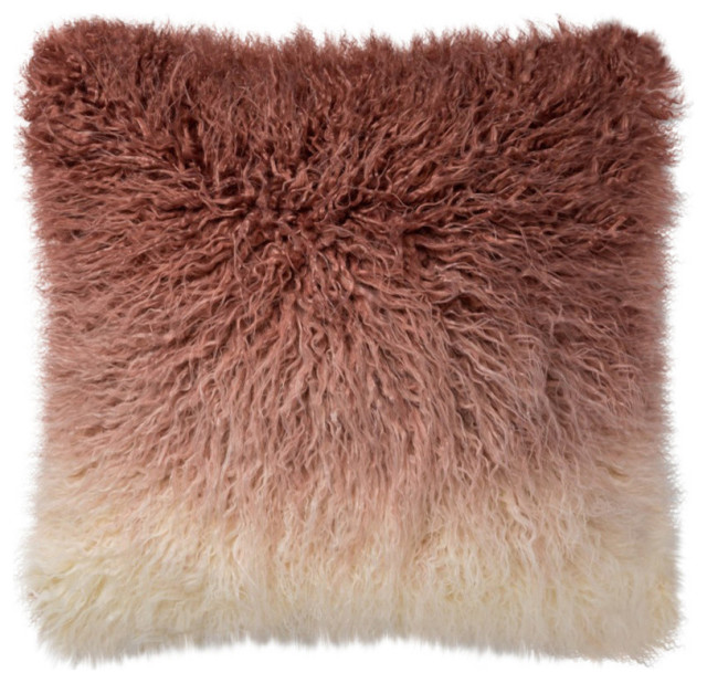 Ombre Fade Faux Fur Blush Ivory Decorative Accent Pillow, 22"x22", Poly Fill