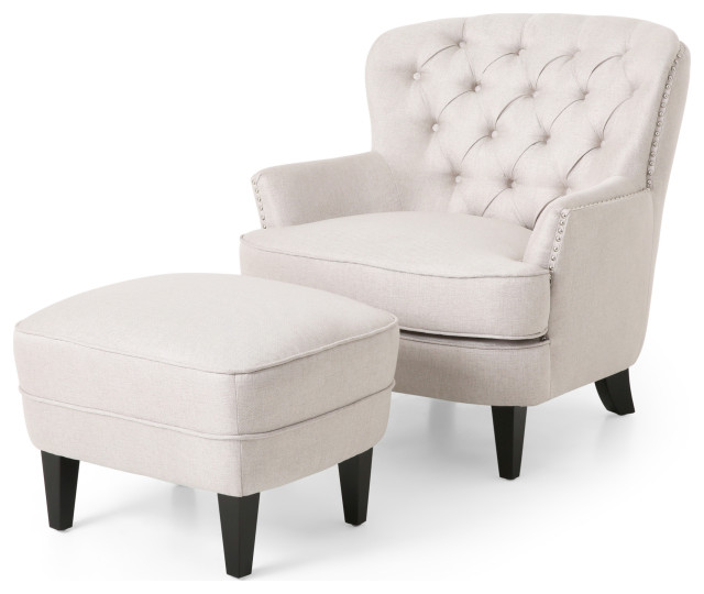 Grace Tufted Fabric Club Chair and Ottoman Set Transitional Armchairs And Accent Chairs by